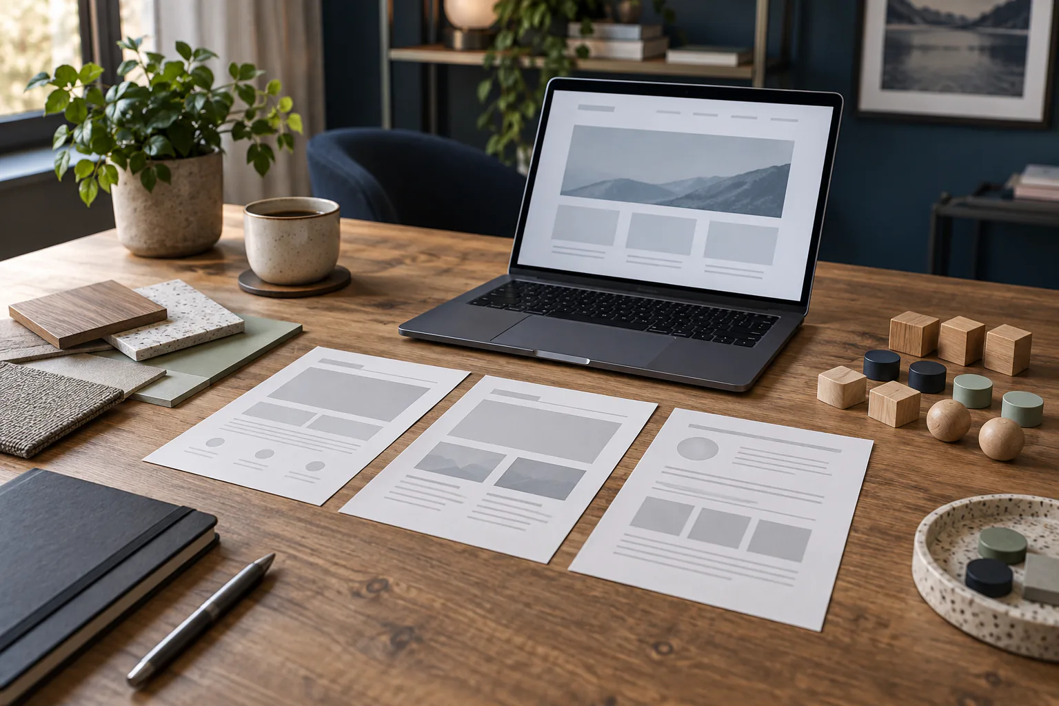 Üres weboldalvázlatok, laptop és fa projektblokkok egy tervezőasztalon.