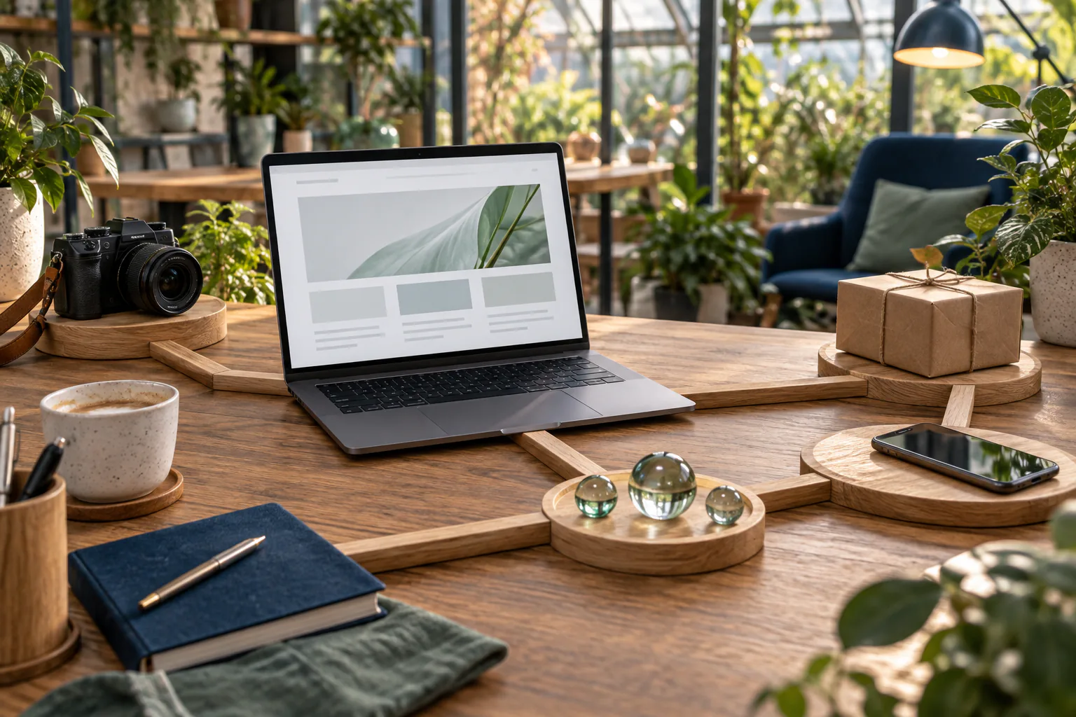 Laptopot, kamerát, csomagot és telefont összekötő fa útvonalak egy üzleti munkaasztalon.