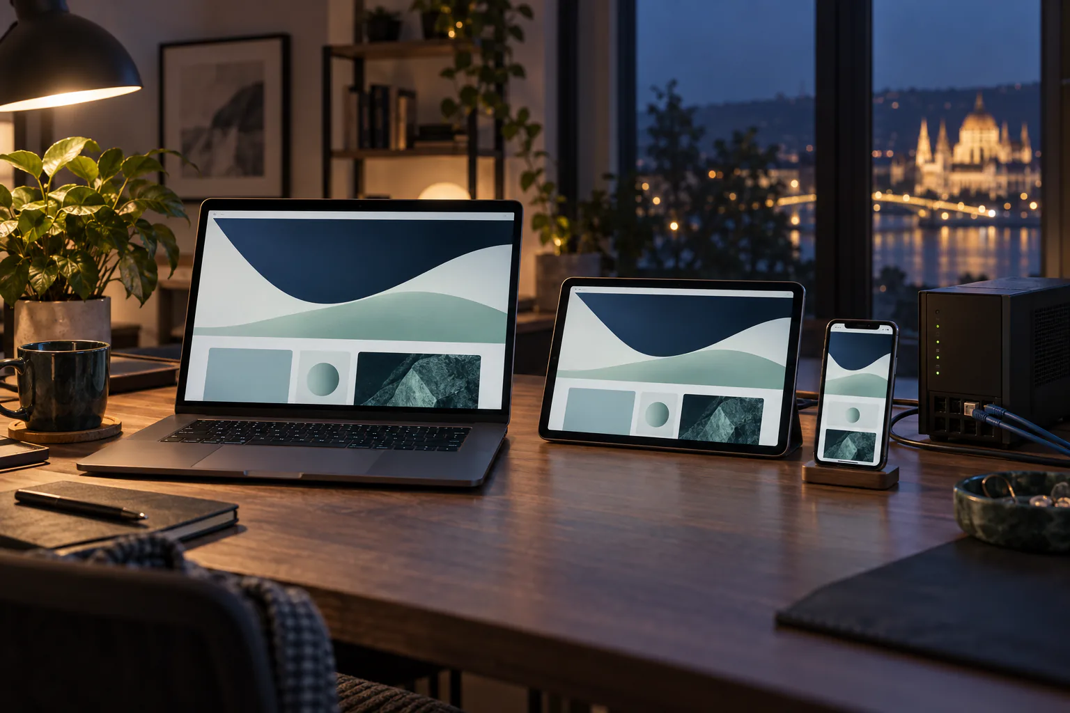 Laptopon, táblagépen és telefonon megjelenő azonos, felirat nélküli reszponzív oldal.