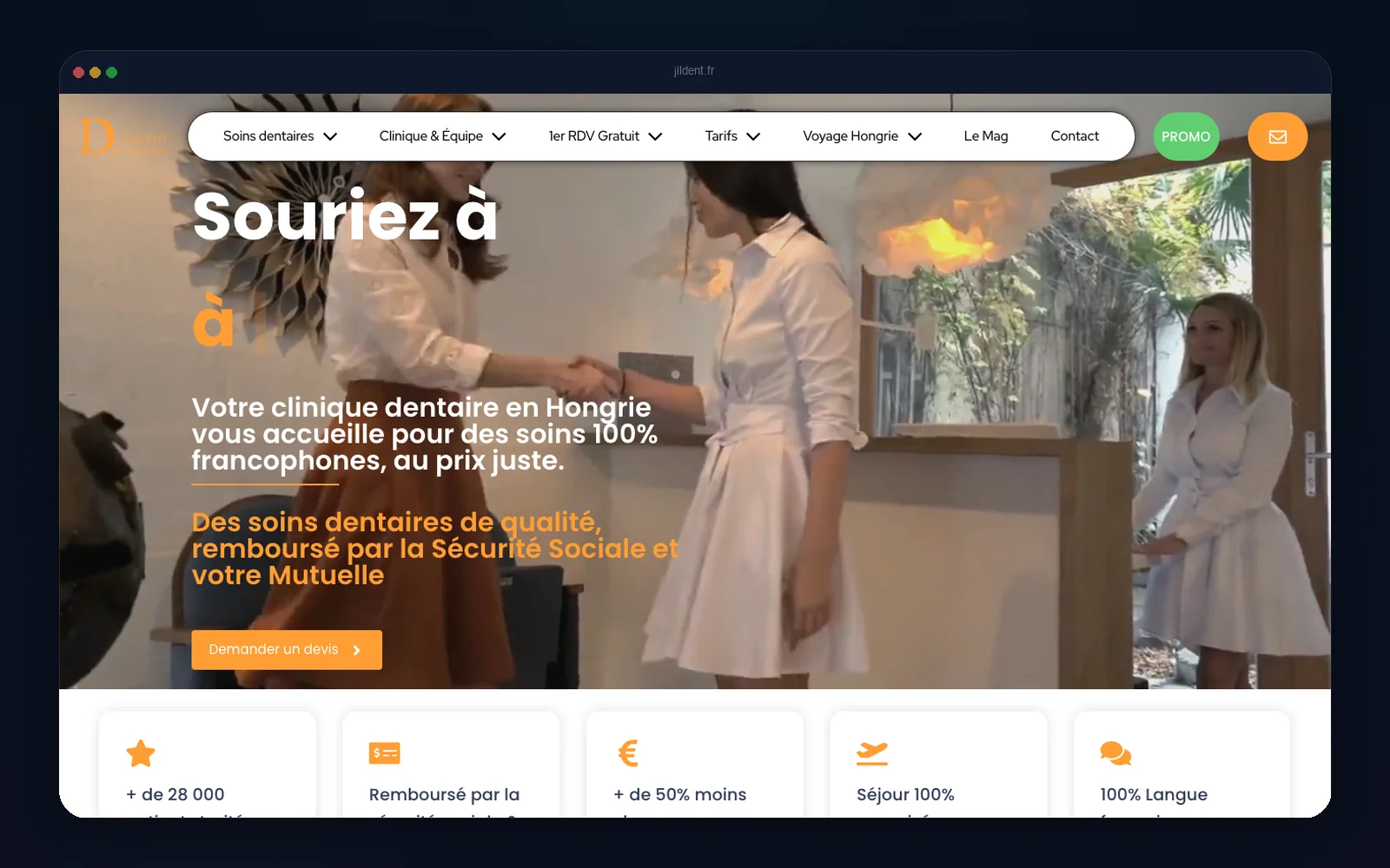 A Jildent francia nyelvű fogászati weboldalának kezdőoldala a klinika munkatársaival