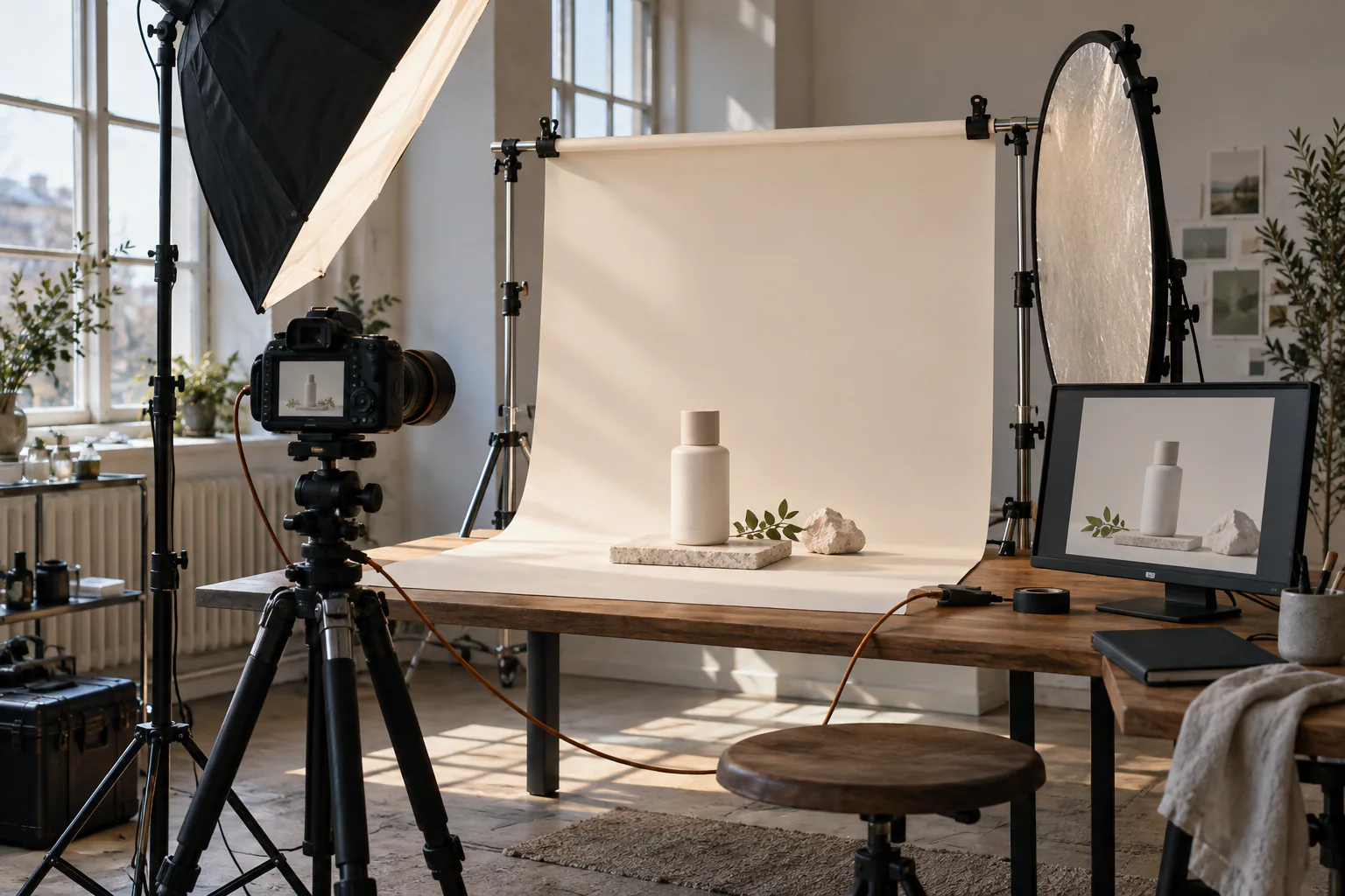 An unbranded bottle photographed with a camera and softbox in a daylight product studio.