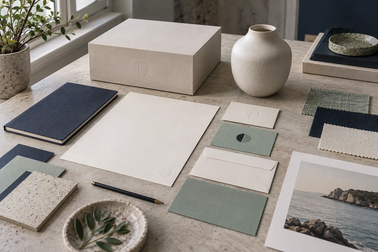 Blank stationery, paper swatches and packaging arranged on a designer’s worktable.