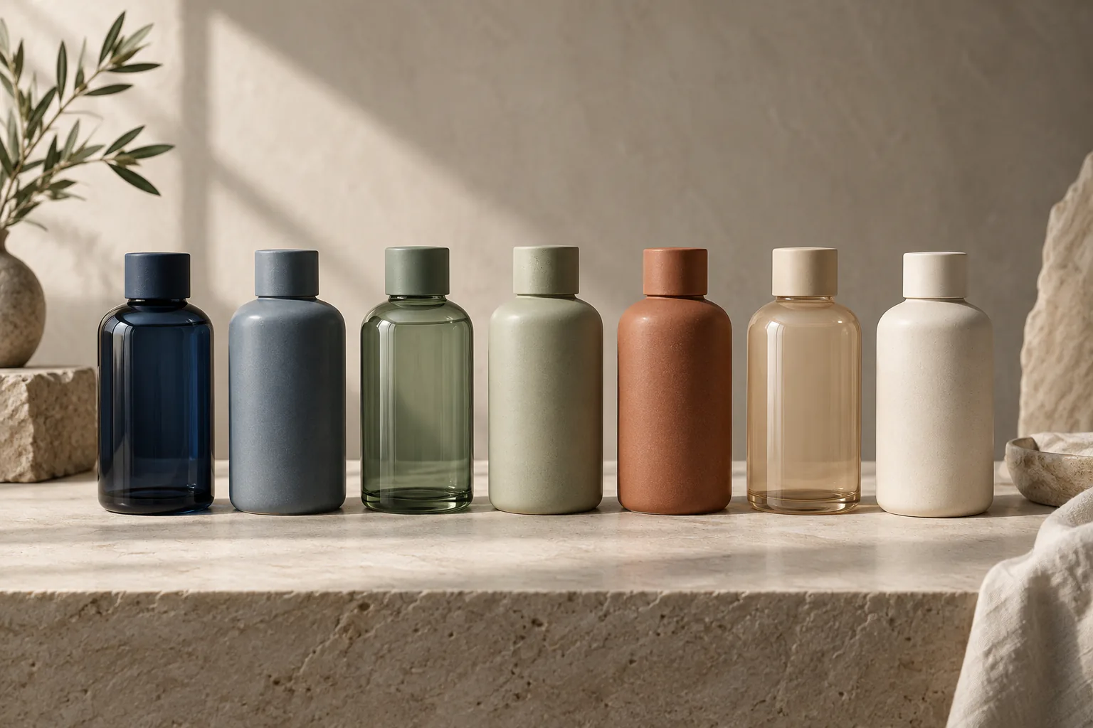 A row of unbranded bottles in muted navy, sage, clay and ivory tones.