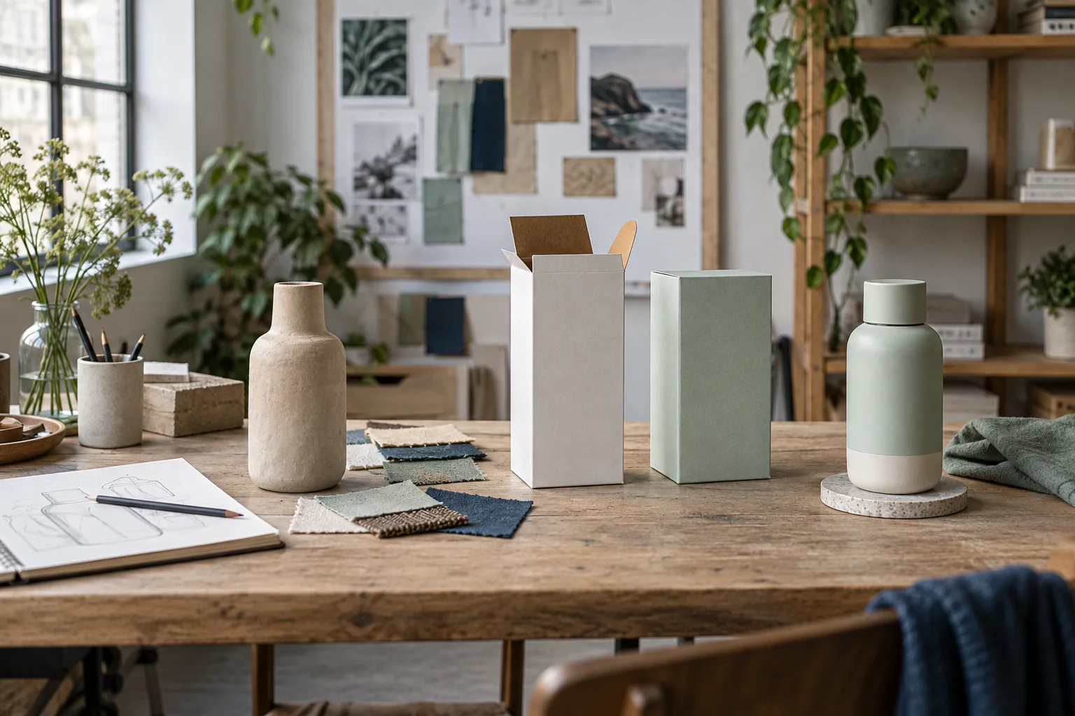 Prototype, blank packaging and finished product arranged across a sunlit design studio table.