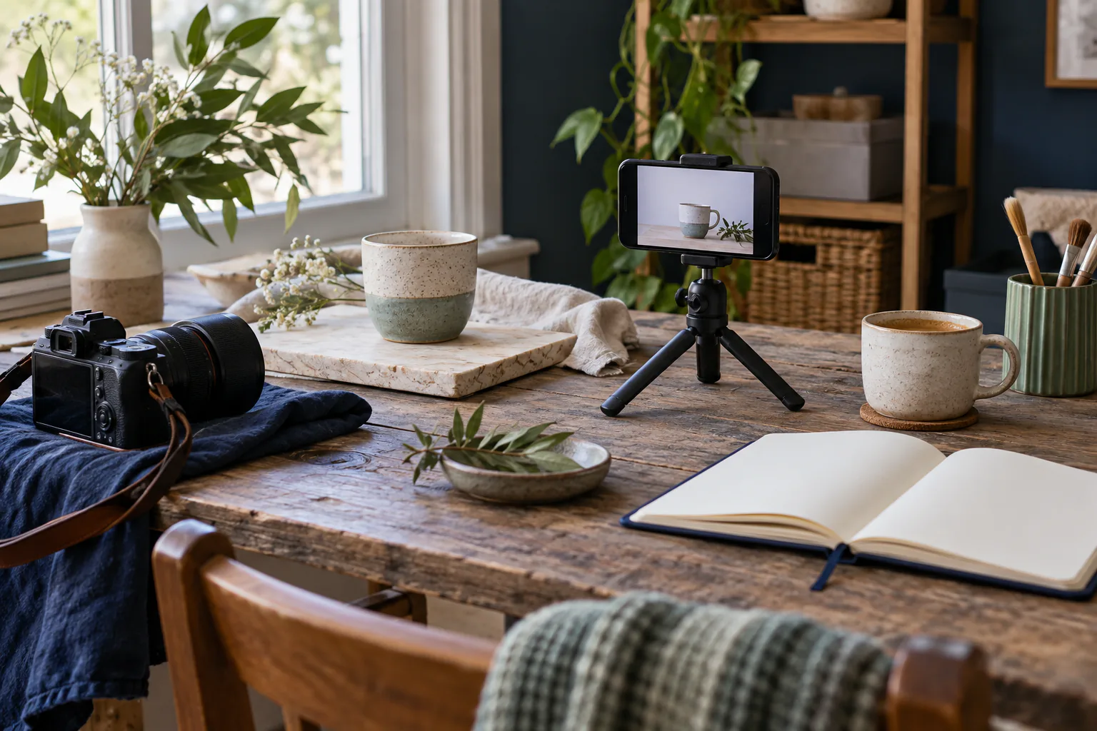 Camera, phone tripod and blank notebook on a small business content-making desk.