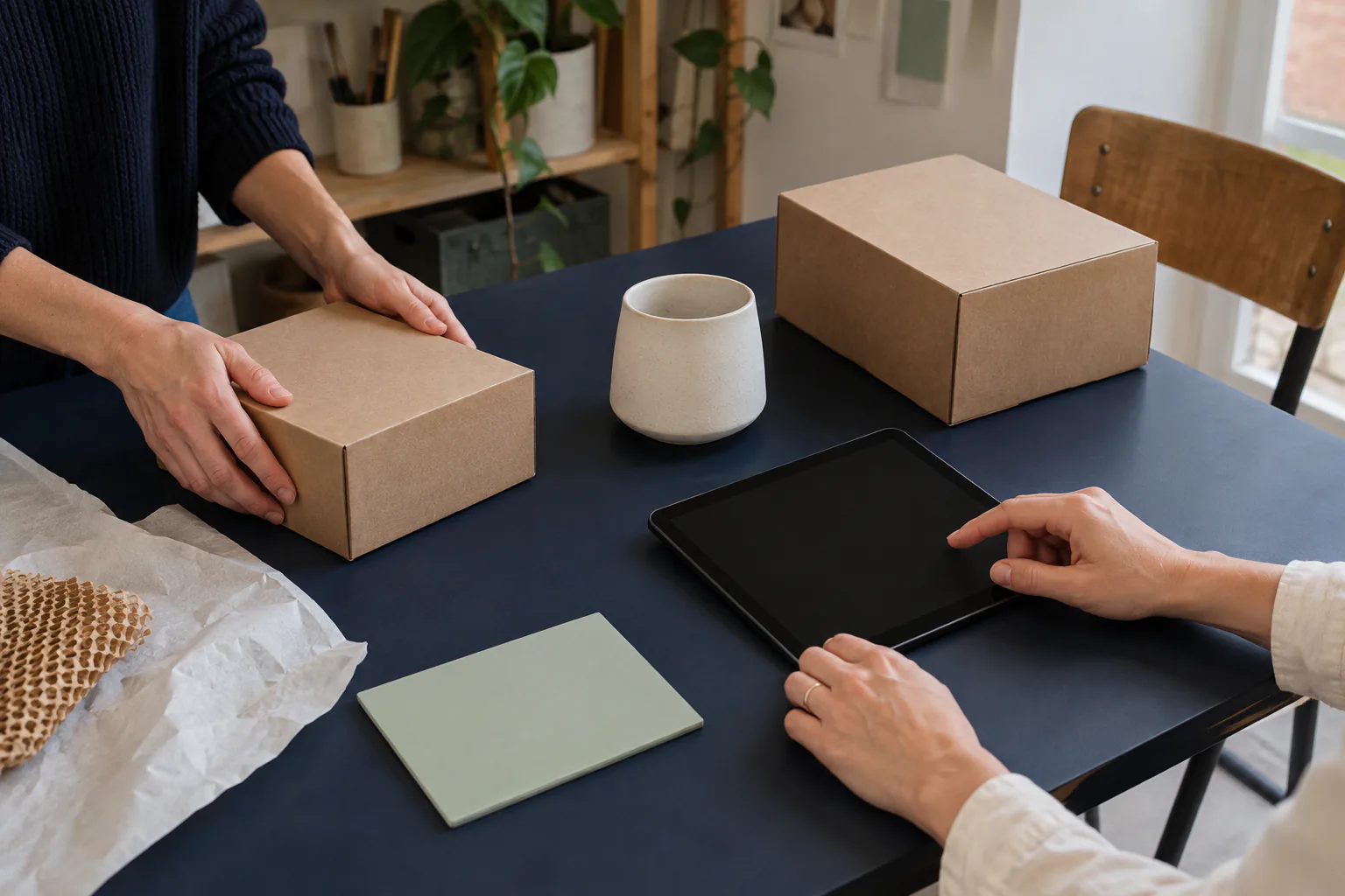 Hands comparing an unbranded parcel with blank conversion-test cards on a worktable.