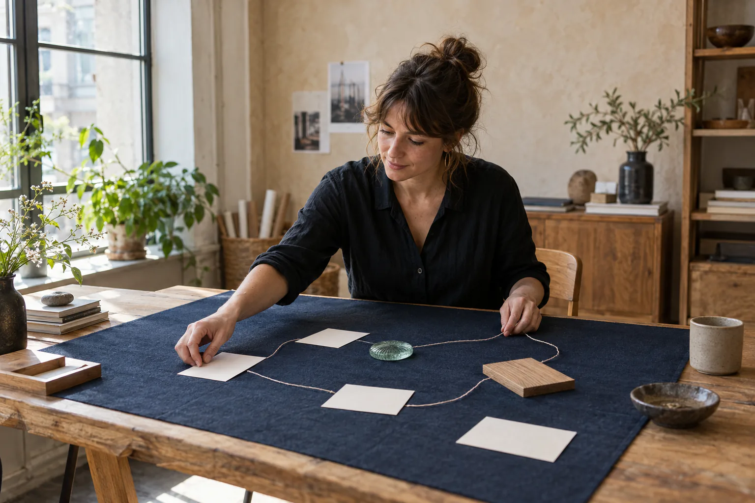 A small business owner arranging blank strategy cards beside a laptop in a bright studio.