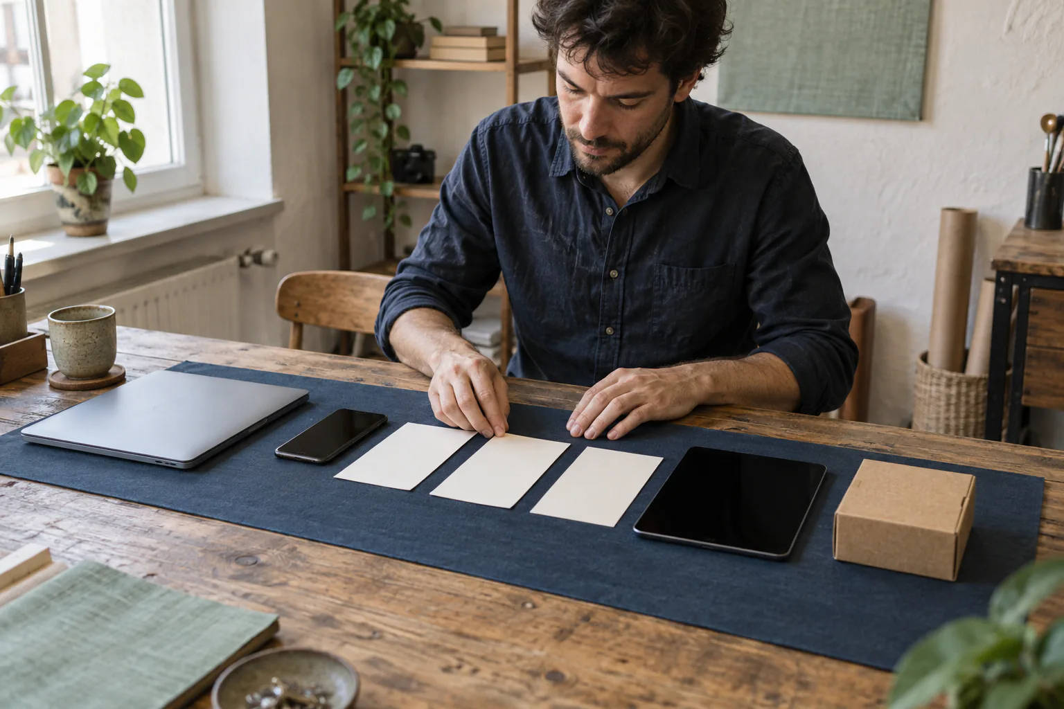 A designer arranging responsive shop prototypes across tablets and paper screens.