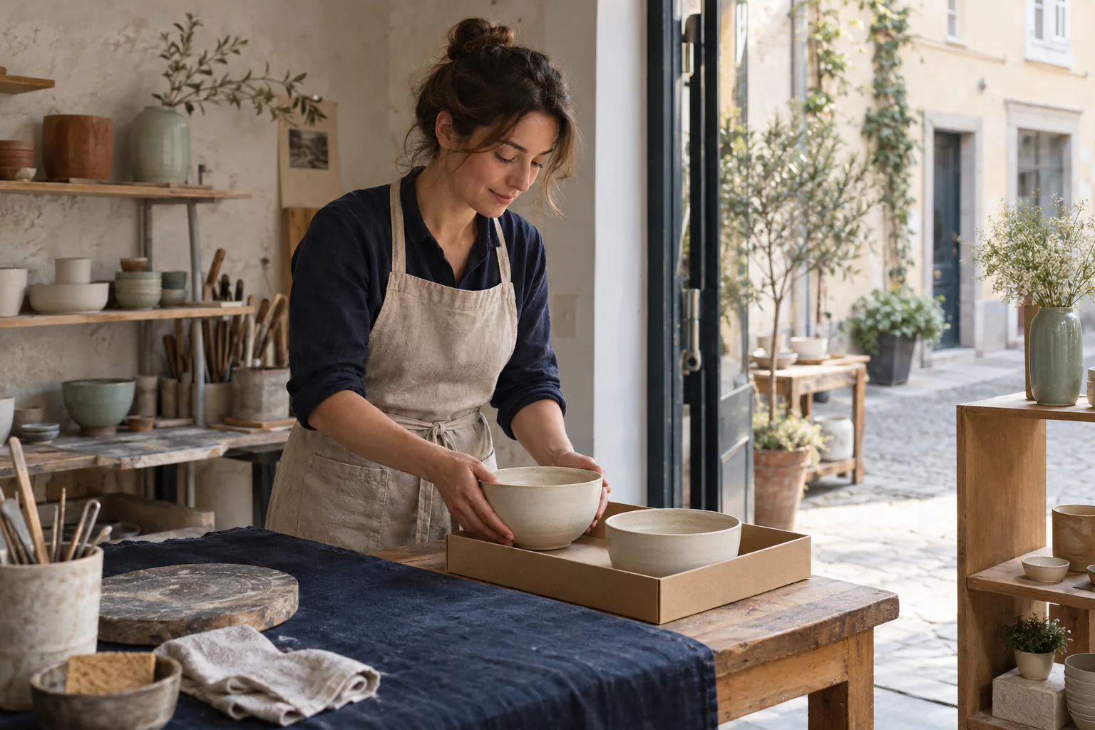 A maker preparing an unbranded ceramic product for launch at a workshop table.