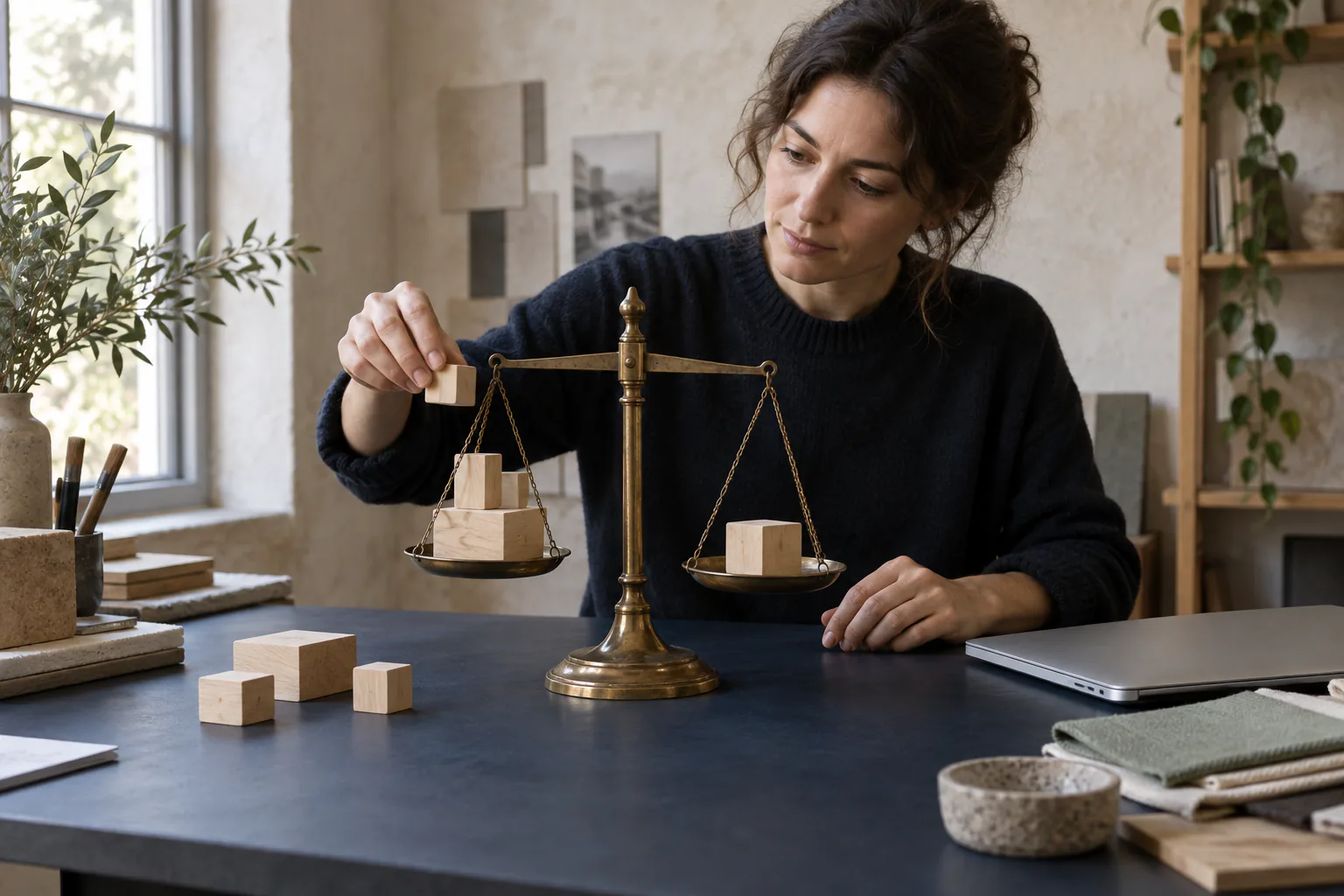 A studio owner balancing wooden project blocks on a brass scale beside a notebook.