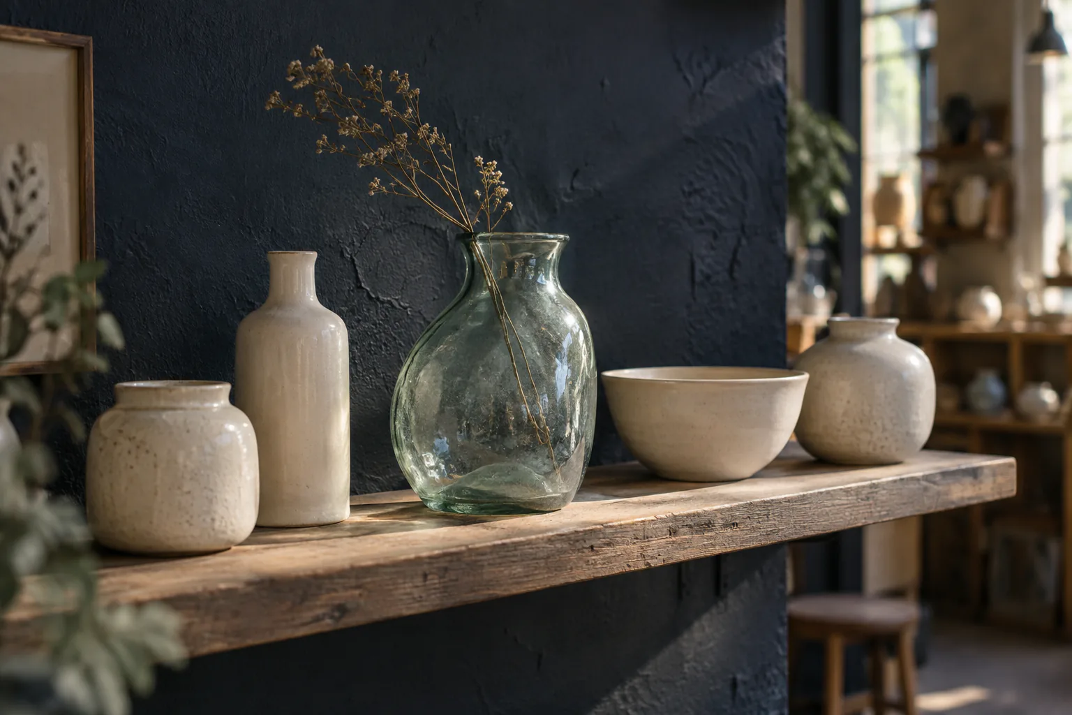 Distinctive unbranded vessels displayed together on a dark artisan studio shelf.