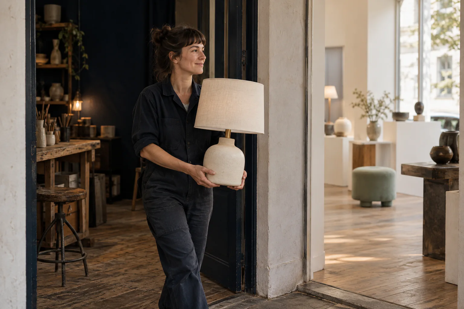 A maker carrying a finished unbranded lamp from the workshop into a showroom.