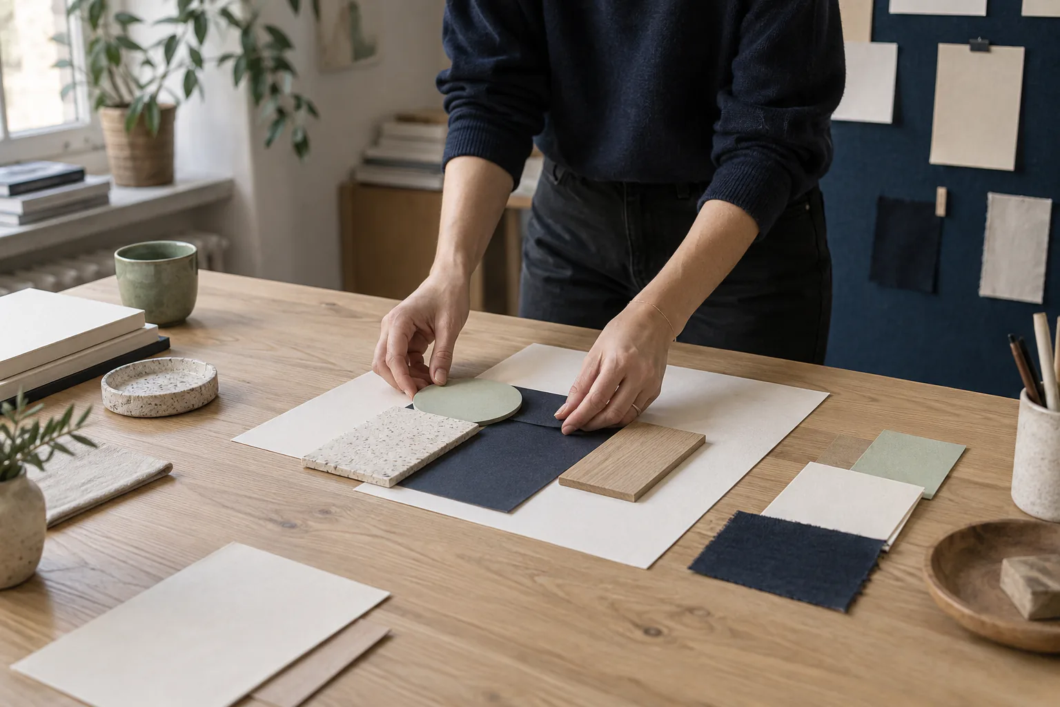 Hands arranging blank identity cards and material swatches on a design table.