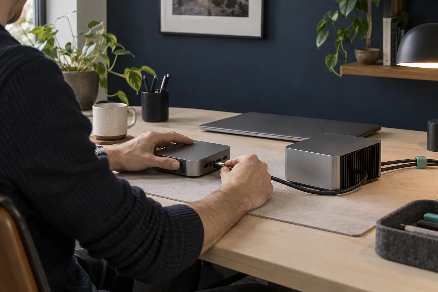 A developer testing an abstract responsive page beside compact server hardware.