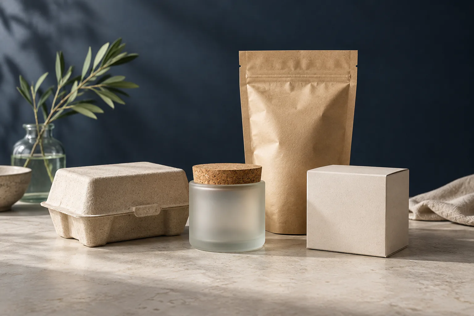 Sustainable blank packages and an unbranded jar arranged on a navy studio set.