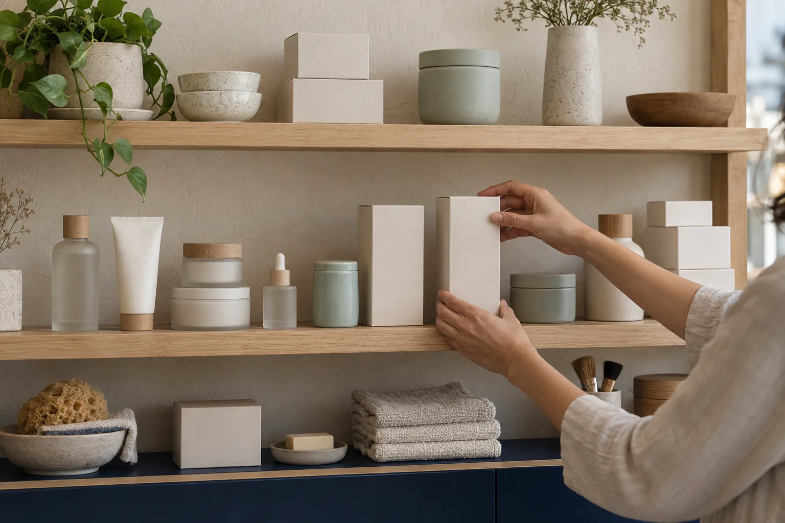 Hands placing unbranded bottles and cartons onto a clean retail shelf.