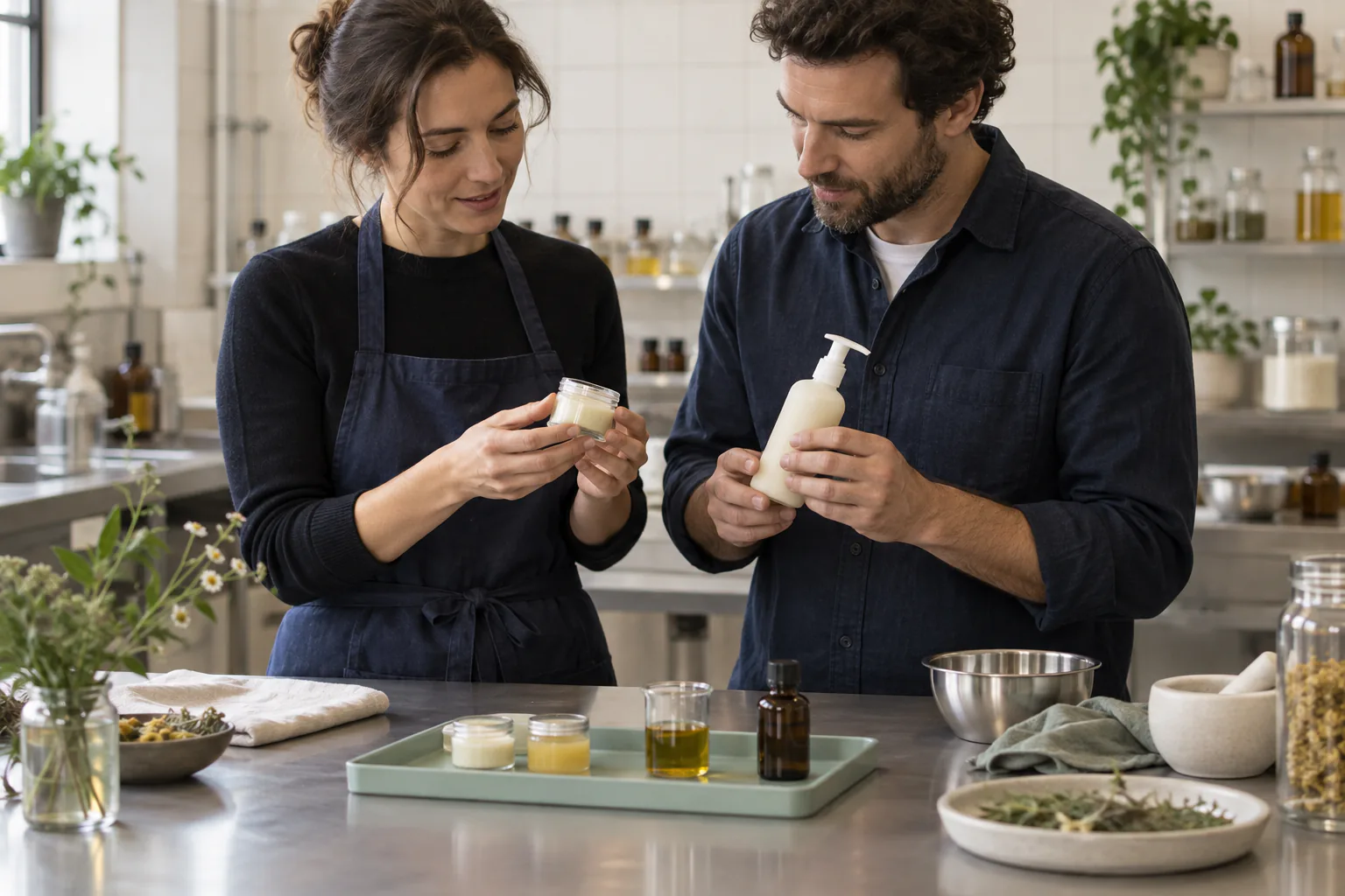 Two product developers inspecting unbranded sample bottles in a laboratory.