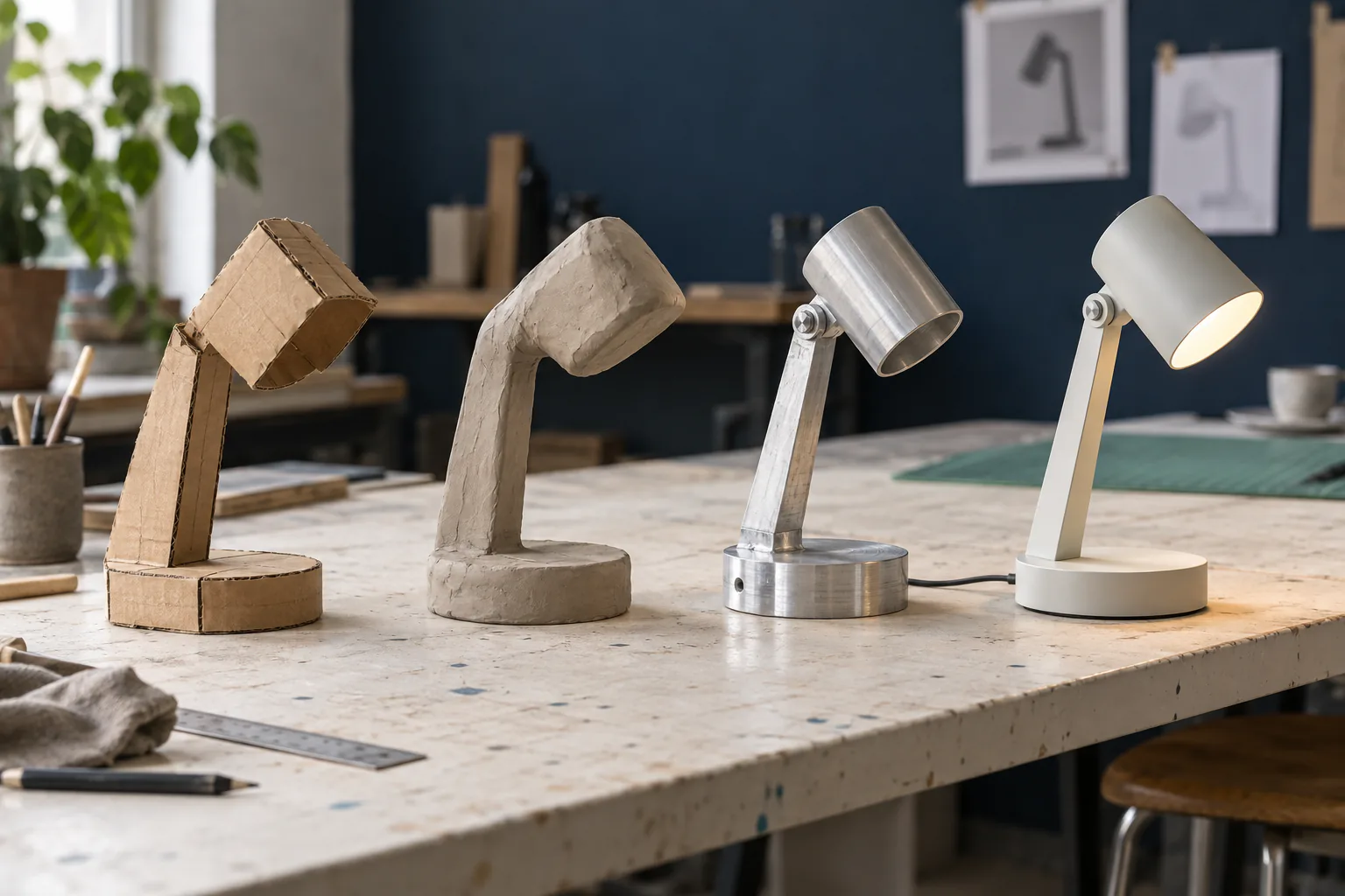 Physical lamp prototypes progressing from cardboard model to finished object.
