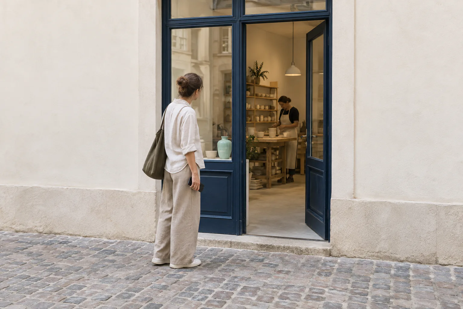 A customer approaching a warmly lit local studio storefront at dusk.