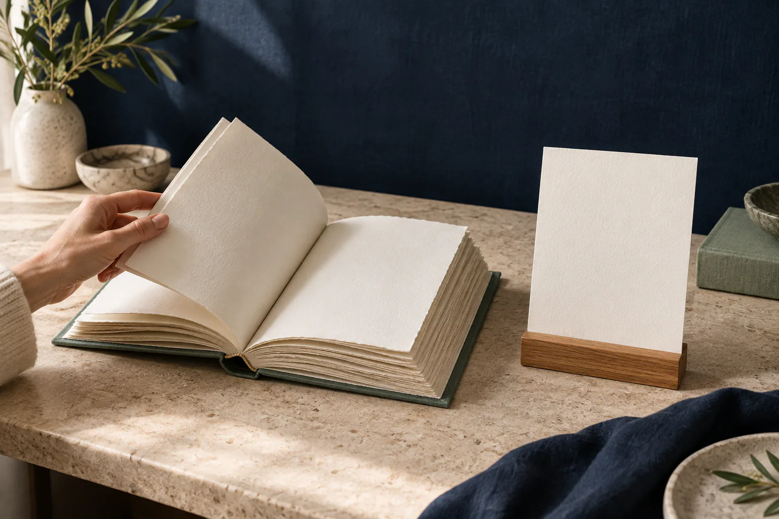 A layered blank notebook beside one focused blank card on a navy desk.