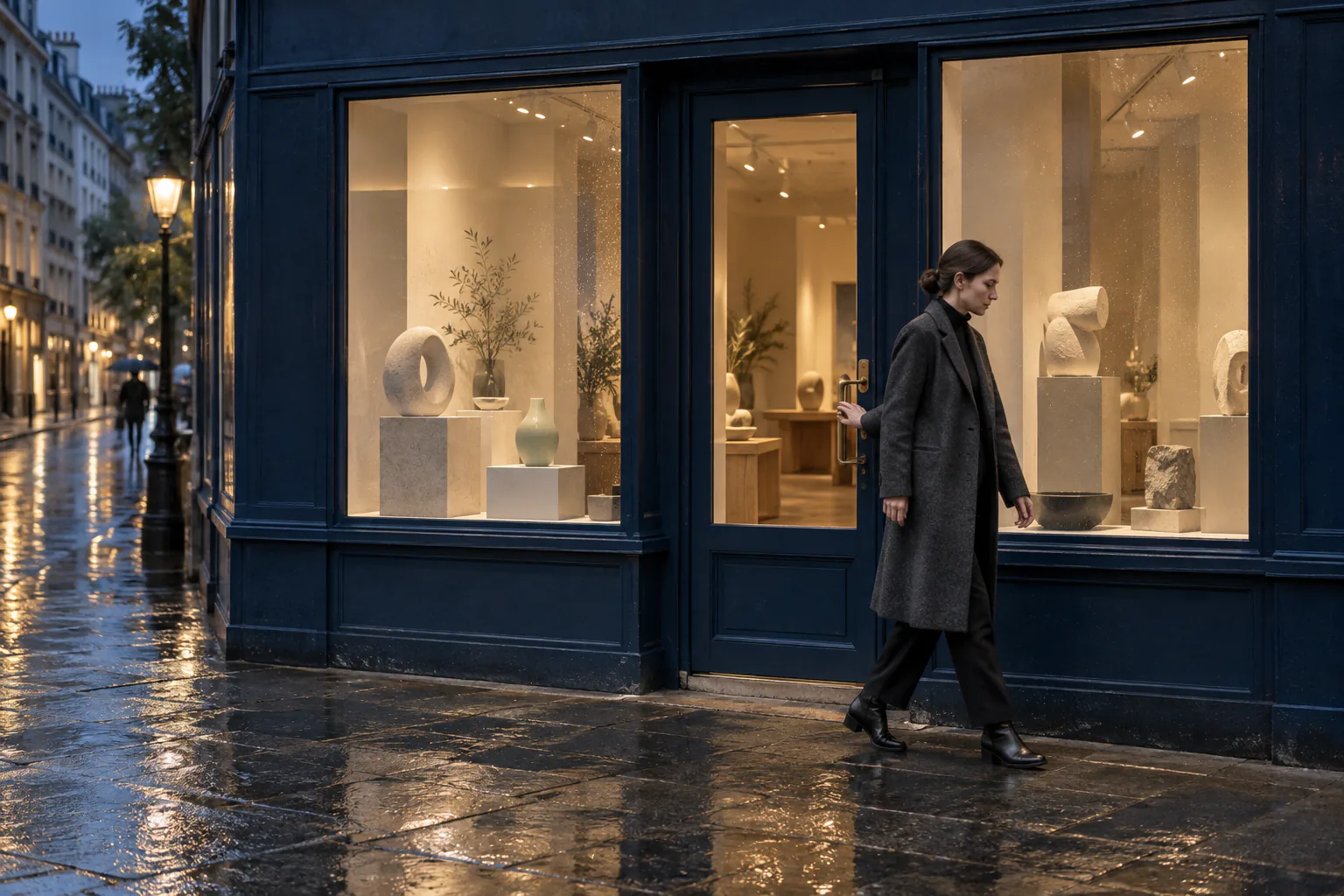 A visitor standing outside an elegant but closed showroom at night.