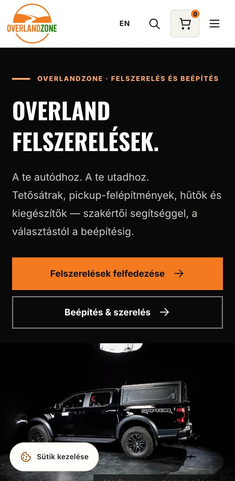 Az OverlandZone főoldalának valódi mobilnézete, 2026. október 1.